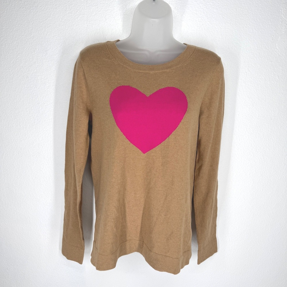 J.Crew Teddie Sweater‎ Womens Small Tan Pink Heart Cotton NEW Preppy Elle Layer